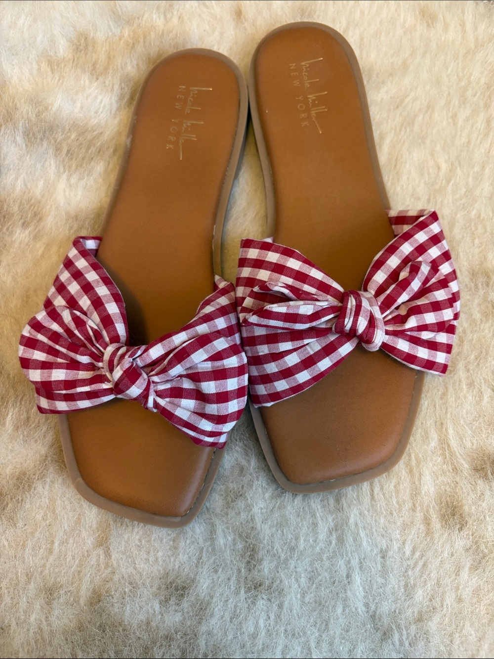 Bow-Front Red Gingham Slide Sandals by Nicole Miller